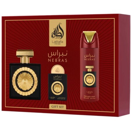 Lattafa Pride Nebras SET DE REGALO ( Eau de parfum 100 Ml Eau de parfum 30 Ml Desodorante en spray 200 Ml Atomizador de viaje )