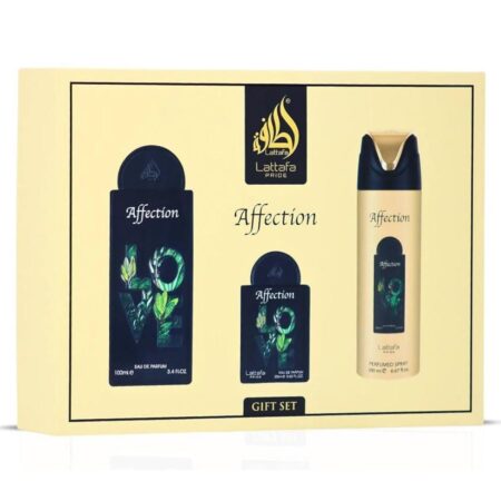 Lattafa Pride Affection SET DE REGALO ( Eau de parfum 100 Ml Eau de parfum 30 Ml Desodorante en spray 200 Ml Atomizador de viaje )