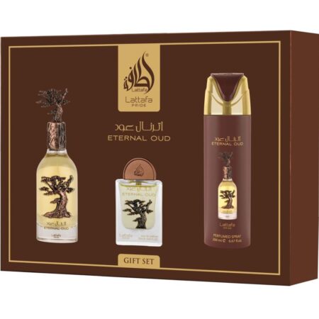 Lattafa Pride Eternal Oud SET DE REGALO ( Eau de parfum 100 Ml Eau de parfum 30 Ml Desodorante en spray 200 Ml Atomizador de viaje )