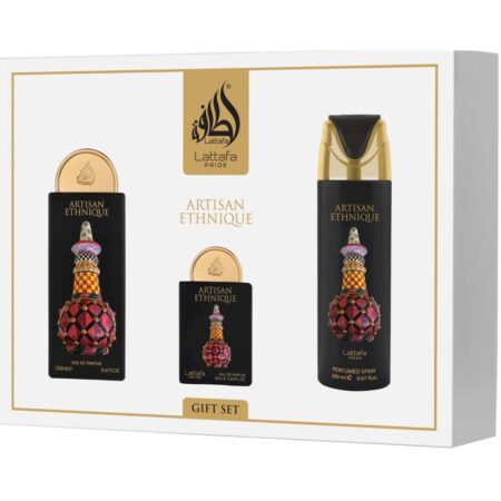 Lattafa Pride Artisan Ethnique SET DE REGALO ( Eau de parfum 100 Ml Eau de parfum 30 Ml Desodorante en spray 200 Ml Atomizador de viaje )