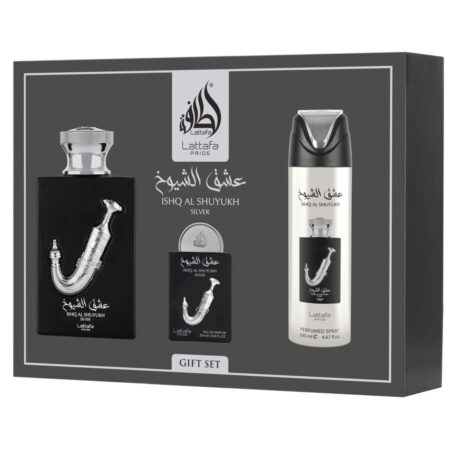 Lattafa Pride Ishq Al Shuyukh Silver SET DE REGALO ( Eau de parfum 100 Ml Eau de parfum 30 Ml Desodorante en spray 200 Ml Atomizador de viaje )