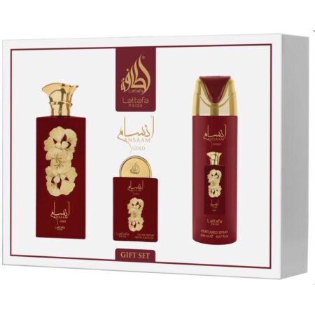Lattafa Pride Ansaam Gold SET DE REGALO ( Eau de parfum 100 Ml Eau de parfum 30 Ml Desodorante en spray 200 Ml Atomizador de viaje )