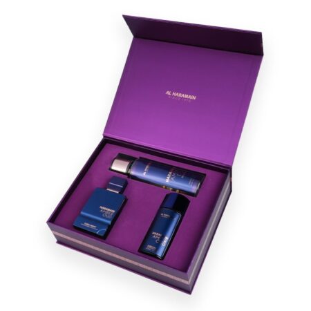 Set de regalo Al Haramain Amber Oud Dubai Night (Amber Oud Dubai Night Extrait de Parfum 75 Ml + Perfume de Viaje 30 Ml + Bruma corporal 250 Ml)