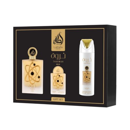 Lattafa Pride Tharwah Gold SET DE REGALO ( Eau de parfum 100 Ml Eau de parfum 30 Ml Desodorante en spray 200 Ml Atomizador de viaje )