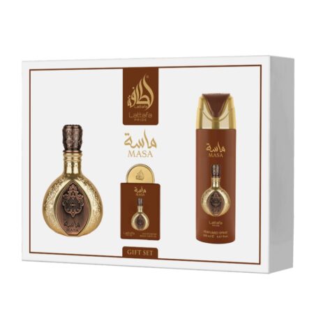 Lattafa Pride Masa SET DE REGALO ( Eau de parfum 100 Ml Eau de parfum 30 Ml Desodorante en spray 200 Ml Atomizador de viaje )