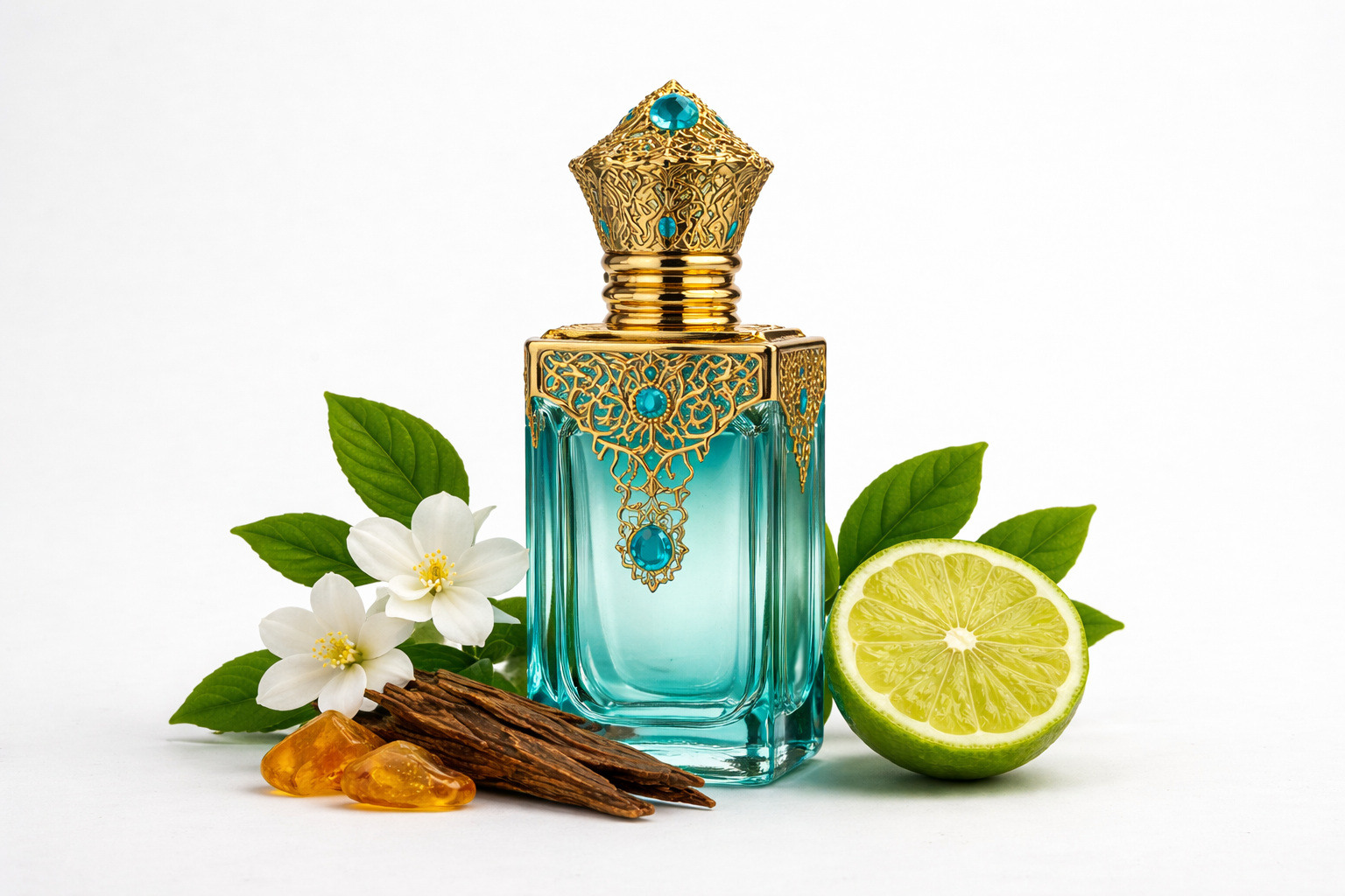 Frasco de perfume árabe y flores